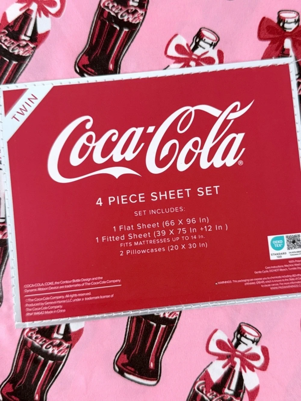 Coca Cola Pink bows Bottle Print Twin Sheet Set 4 Piece Bedding Set Coke New